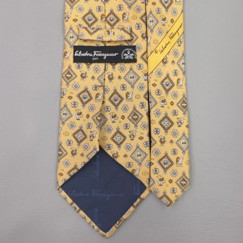 Salvatore Ferragamo Tie Mens Yellow Silk Geometric Animal Print Musei Vaticani